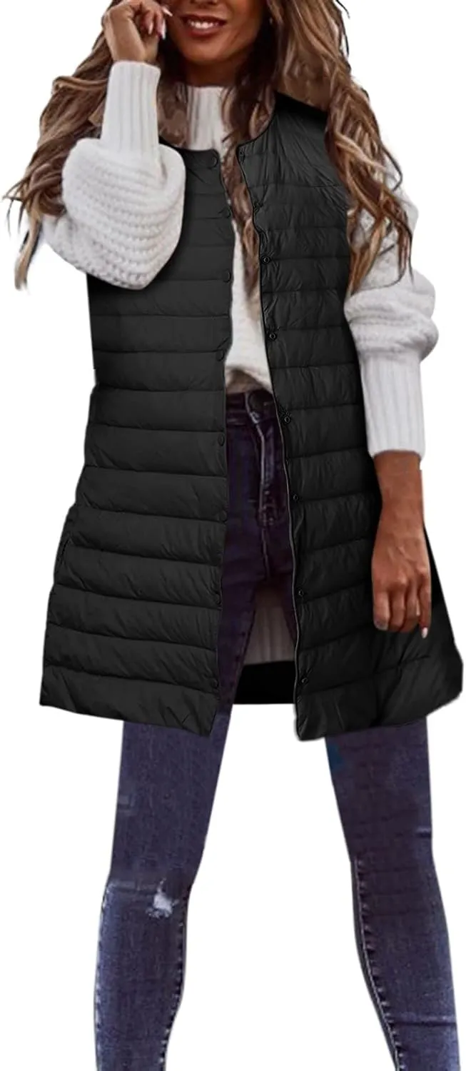 Womens Long Winter Vest Sleeveless Lightweight Puffer Jackets Fashion Slim Gilet Quilted Coat Outdoor Travel Outwear