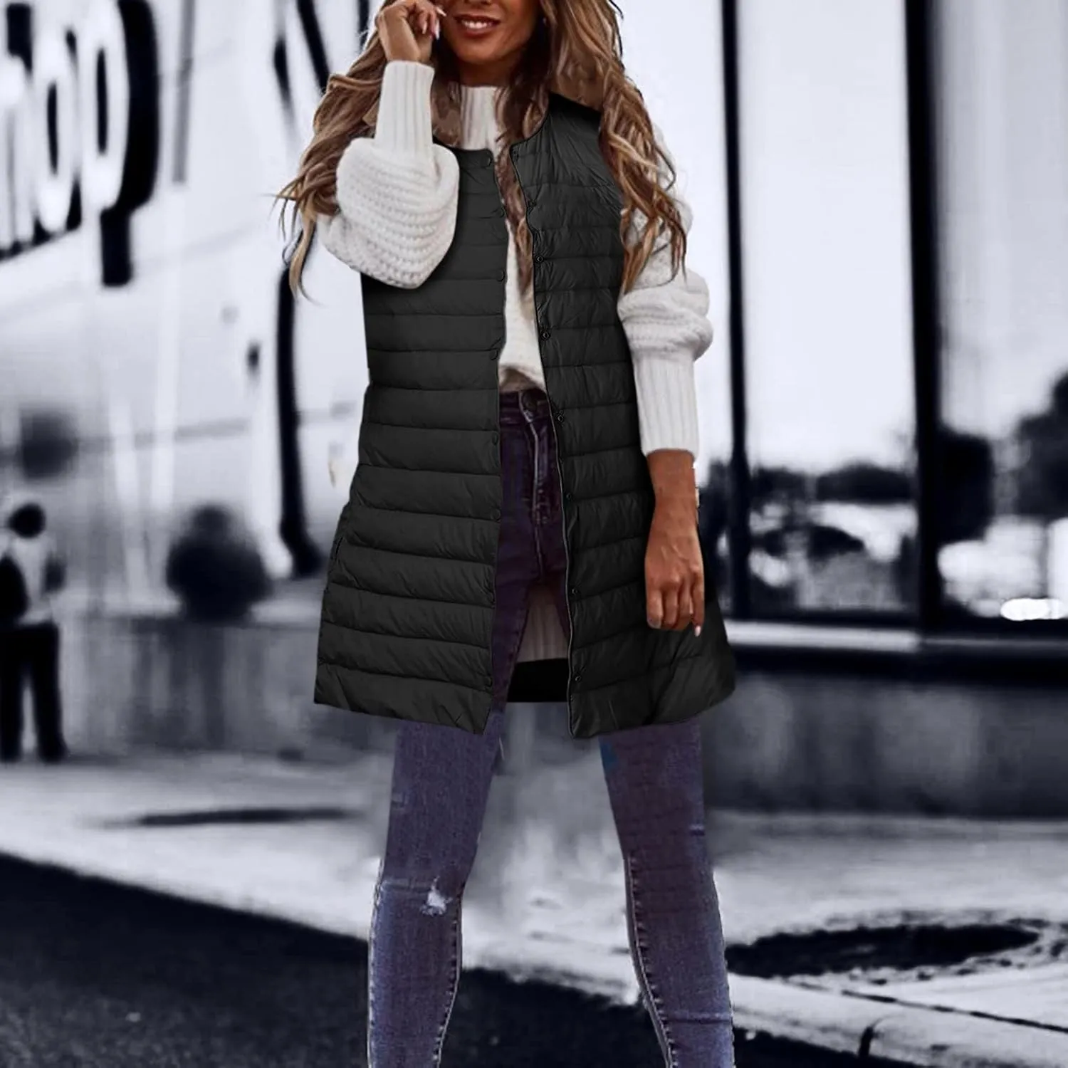 Womens Long Winter Vest Sleeveless Lightweight Puffer Jackets Fashion Slim Gilet Quilted Coat Outdoor Travel Outwear