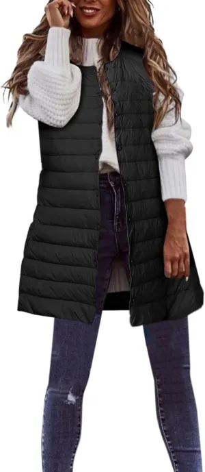 Womens Long Winter Vest Sleeveless Lightweight Puffer Jackets Fashion Slim Gilet Quilted Coat Outdoor Travel Outwear