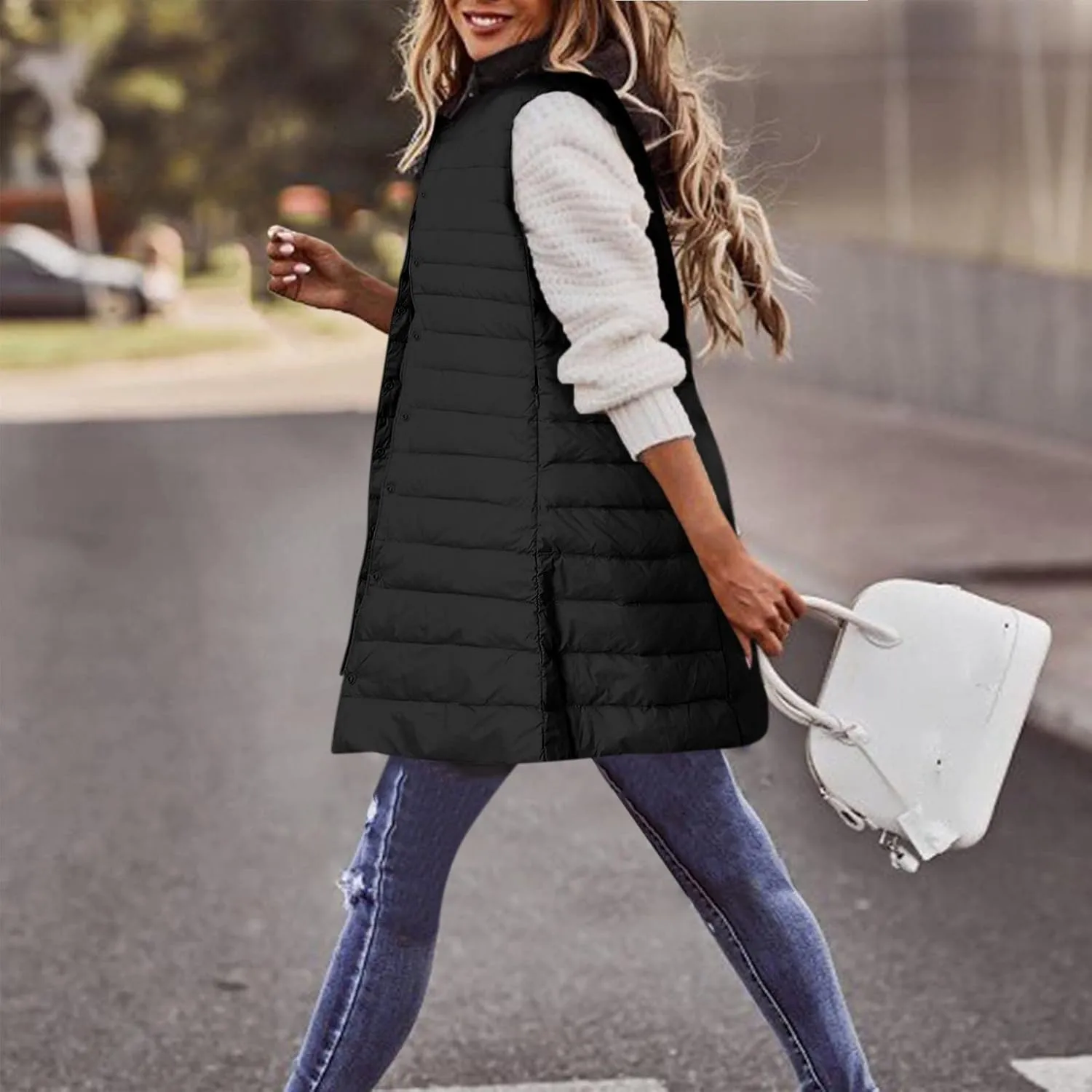 Womens Long Winter Vest Sleeveless Lightweight Puffer Jackets Fashion Slim Gilet Quilted Coat Outdoor Travel Outwear