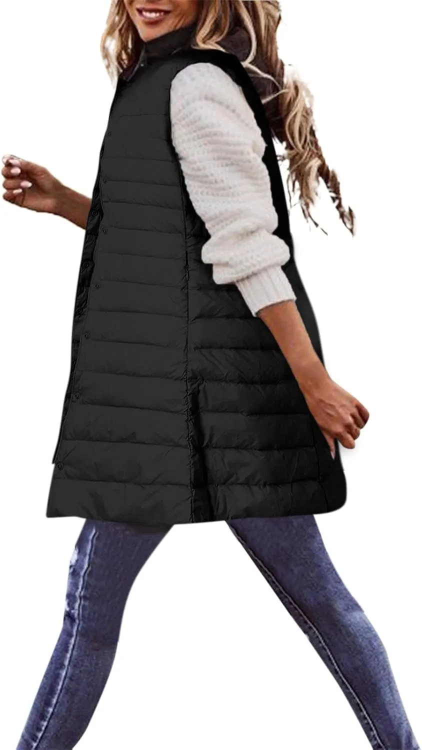Womens Long Winter Vest Sleeveless Lightweight Puffer Jackets Fashion Slim Gilet Quilted Coat Outdoor Travel Outwear