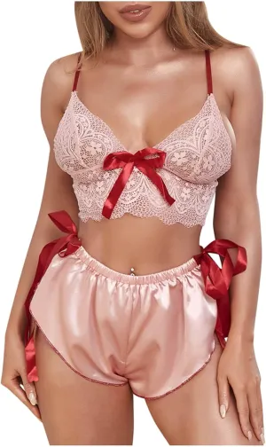 Women's Mesh Lace V Neck Bowknot Sling Bralette and Satin Shorts Pajama Lingerie Set Nightwear Outfits Pink