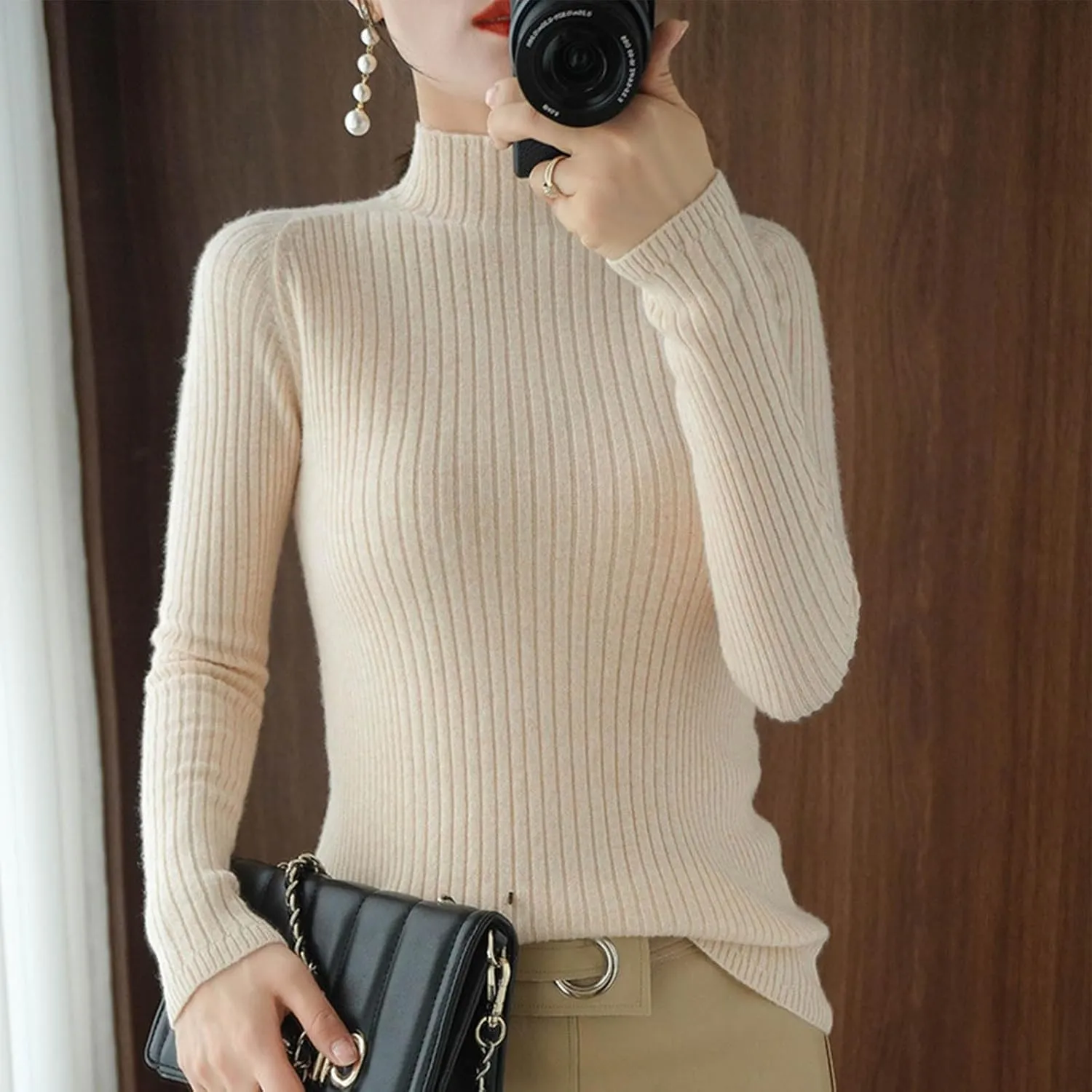 Womens Mock Turtleneck Ribbed Sweaters Slim Fit Sexy Basic Solid Knit Warm Classic Long Sleeve Sweater Pullover Tops