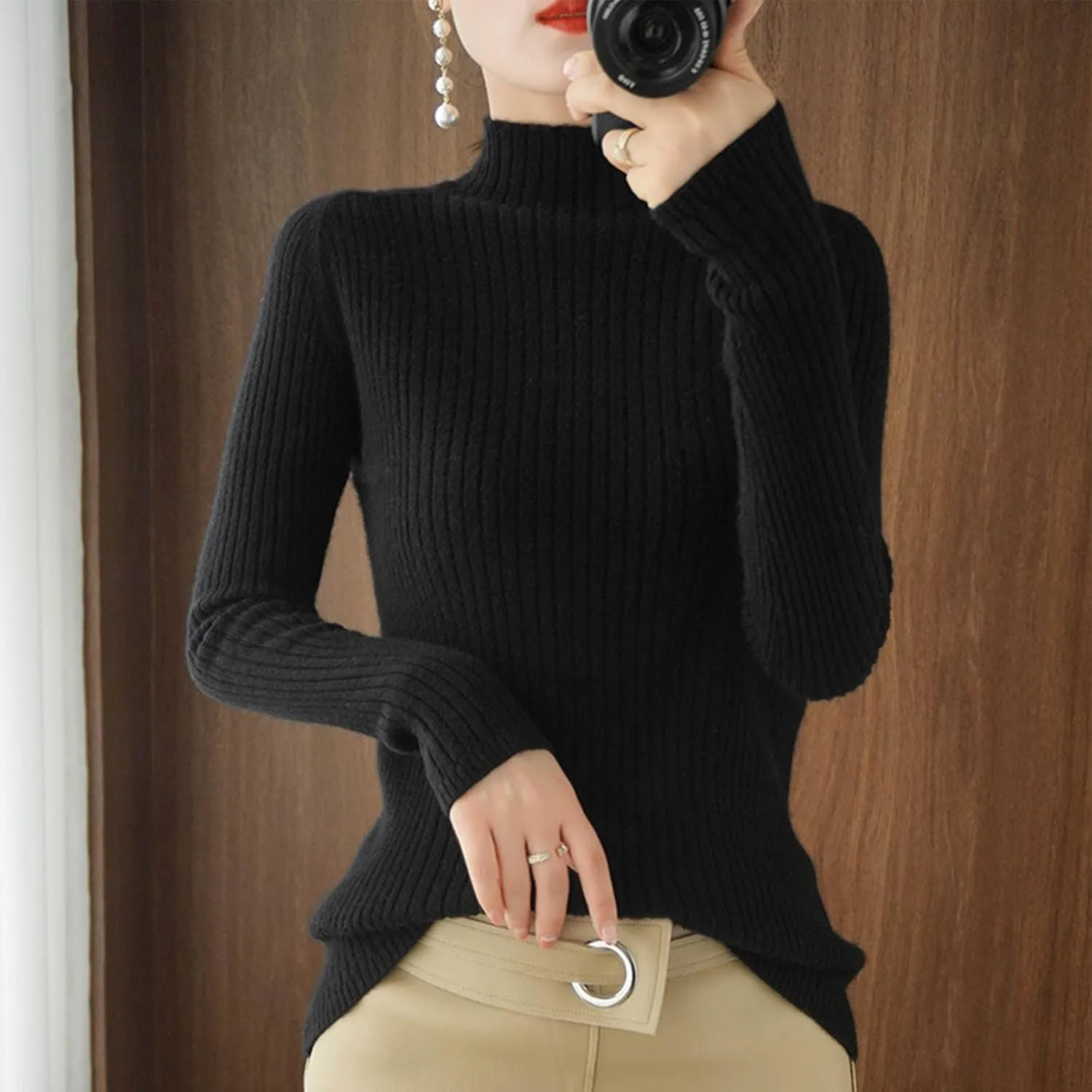 Womens Mock Turtleneck Ribbed Sweaters Slim Fit Sexy Basic Solid Knit Warm Classic Long Sleeve Sweater Pullover Tops