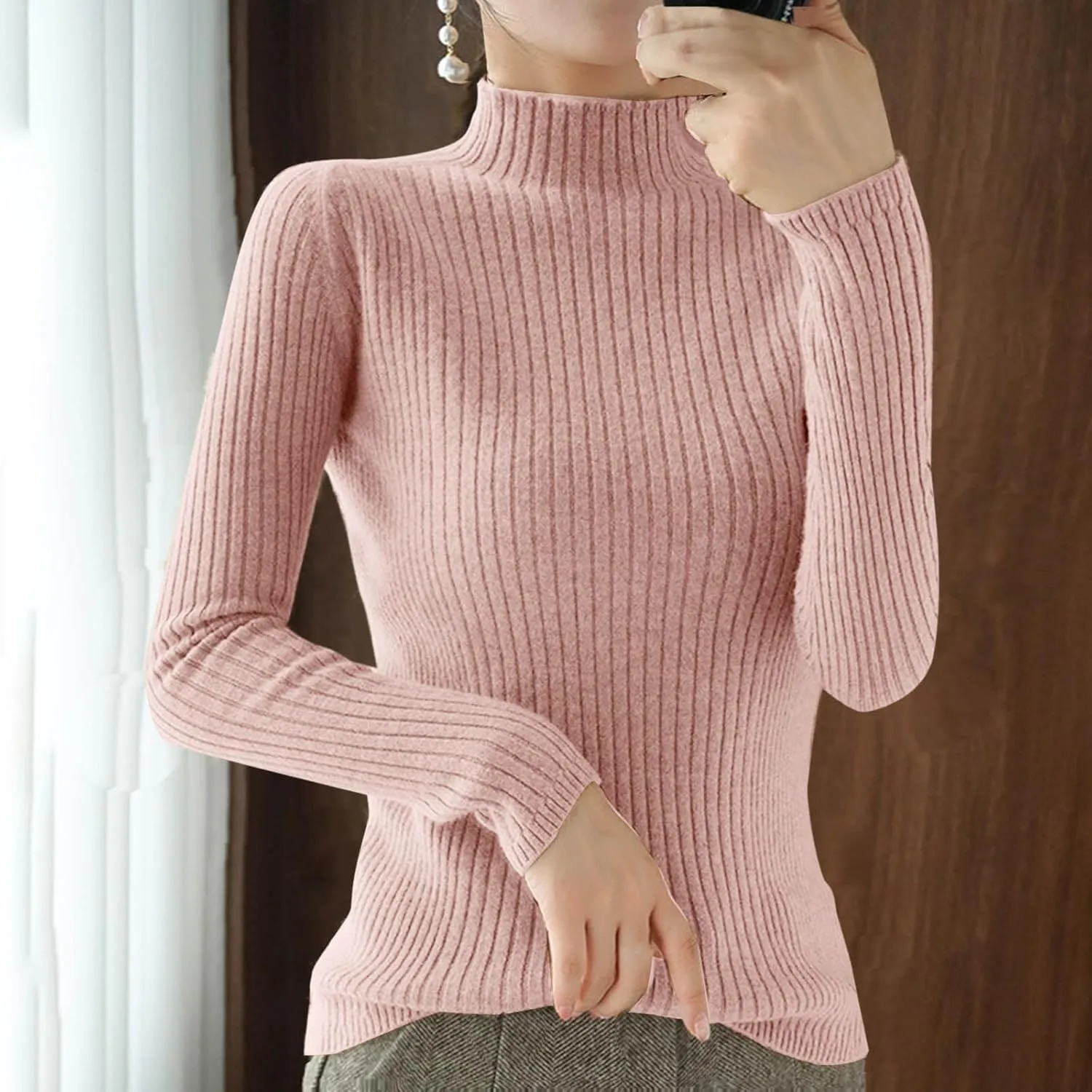 Womens Mock Turtleneck Ribbed Sweaters Slim Fit Sexy Basic Solid Knit Warm Classic Long Sleeve Sweater Pullover Tops