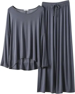 Womens Pajama Sets,Long Sleeve Top and Long Pants Soft Comfy Fleece Lined Sherpa Lined Sleepwear Pjs Silk Lounge Outfits Gray
