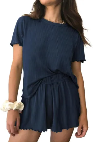 Womens Pajamas 2 Piece Short Sleeve Ribbed Knit Outfits Casual Shorts Pants Elastic Waist Soft Lounge Sets Sleepwear