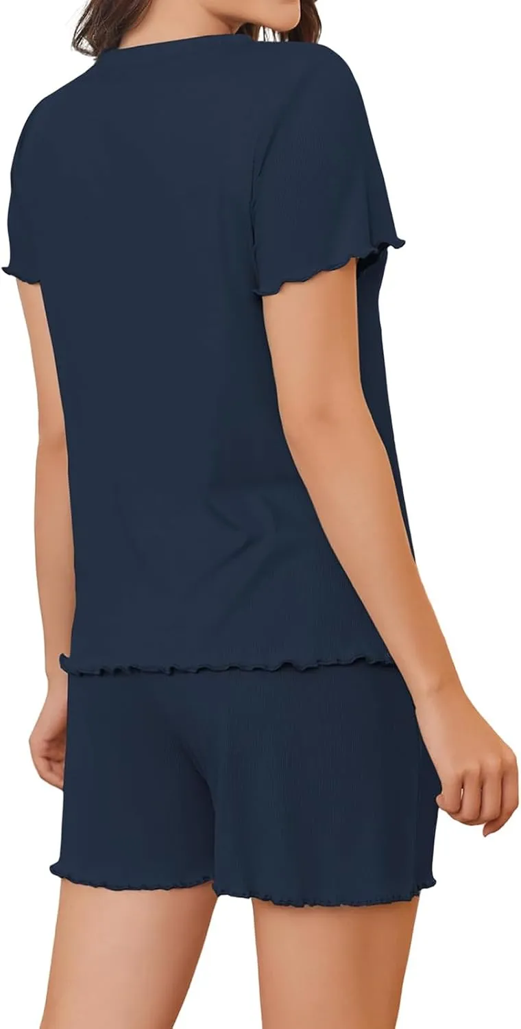 Womens Pajamas 2 Piece Short Sleeve Ribbed Knit Outfits Casual Shorts Pants Elastic Waist Soft Lounge Sets Sleepwear