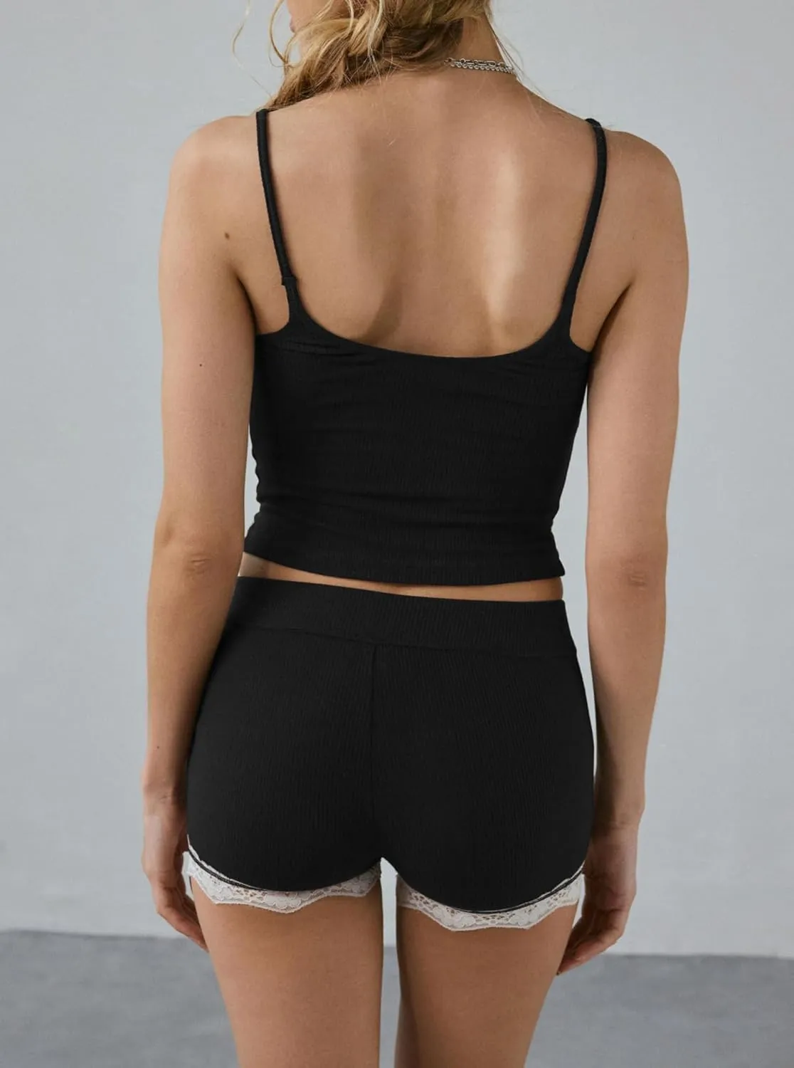 Women's Pajamas Set Lace Trim Ribbed Knit Crop Cami Tops and Shorts 2 Piece Lounge Sets Sleepwear