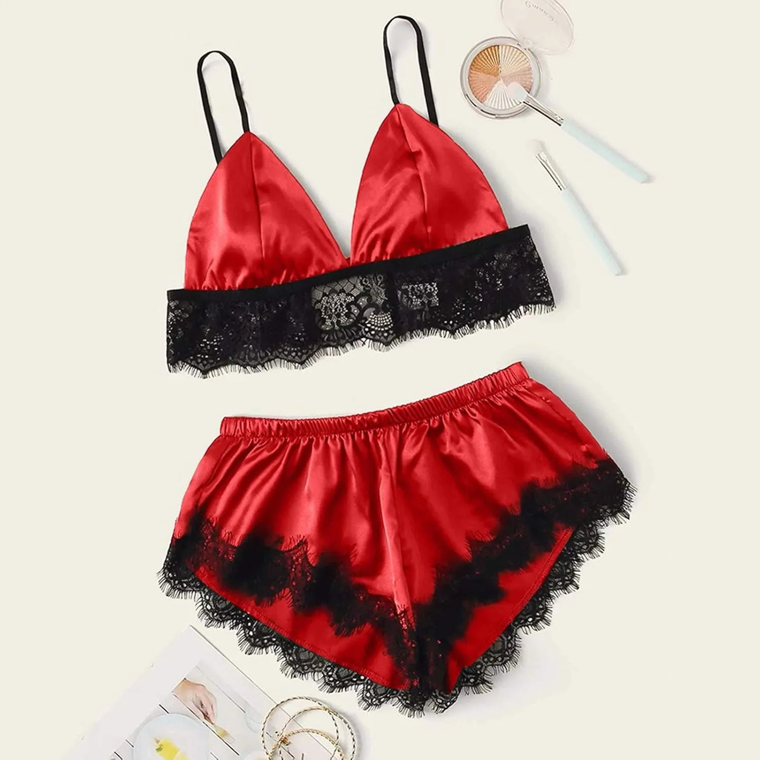 Women's Plus Size Sexy Lingerie Spaghetti Strap Lace Trim Bralette Shorts Sleepwear Set Pajama Shorts Bra And Panty