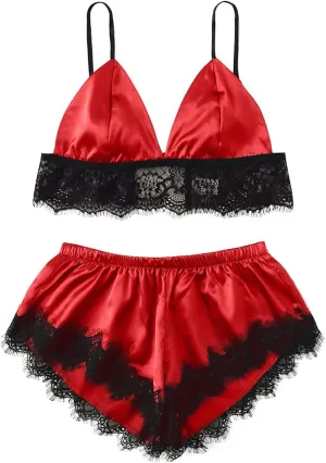 Women's Plus Size Sexy Lingerie Spaghetti Strap Lace Trim Bralette Shorts Sleepwear Set Pajama Shorts Bra And Panty