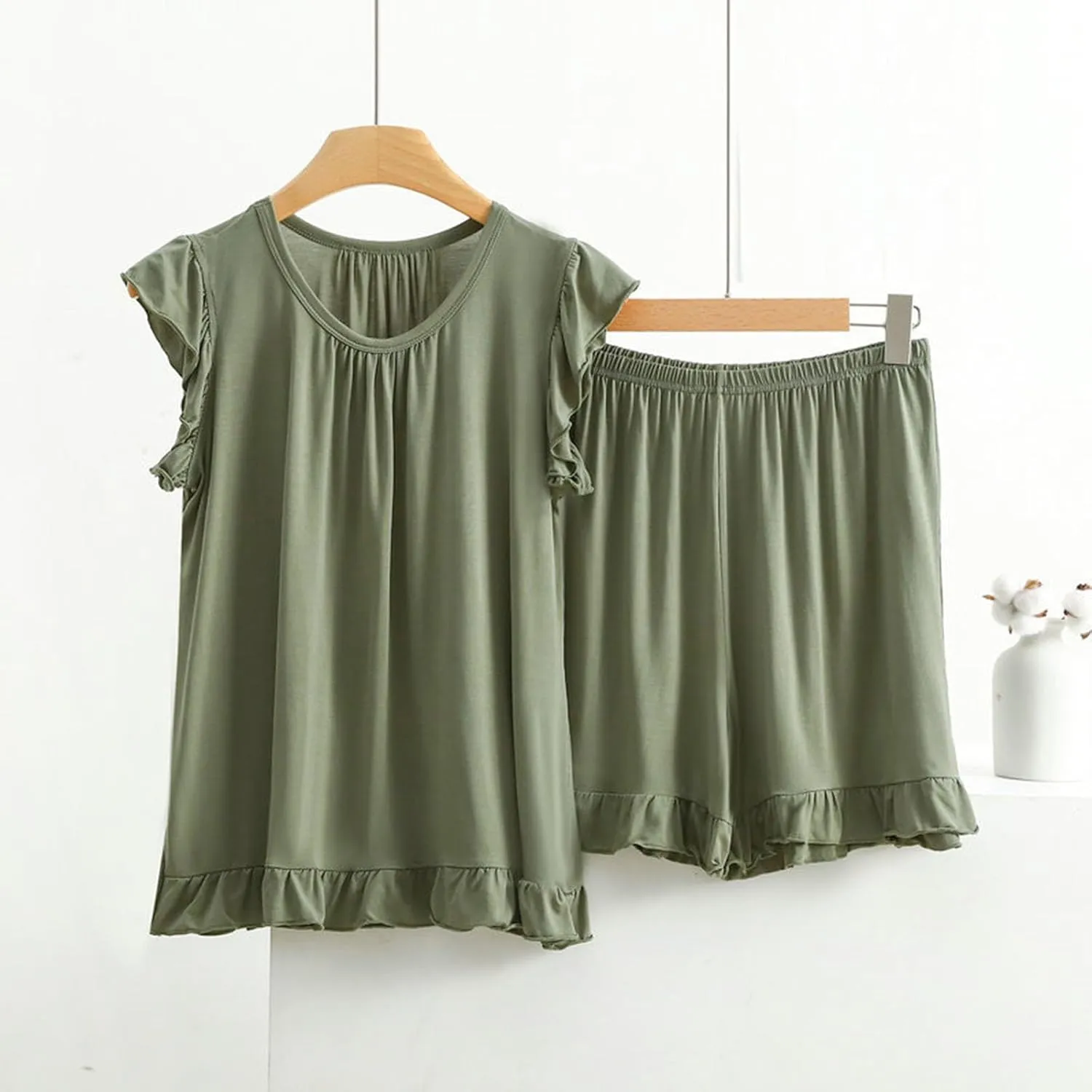 Womens Ruffle Lounge Set 2 Piece Pjs Sleeveless Sexy Sleepwear Loose Comfy Cami Top and Shorts Pajamas Home Wear