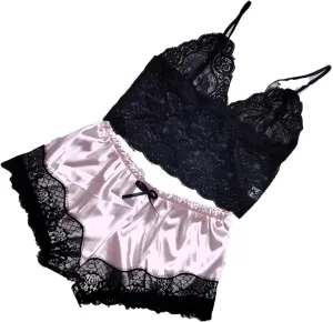 Women's See Through Lingerie Set Spaghetti Strap Lace Trim Bralette and Shorts Sleepwear Pajama Lounge Pjs Sets