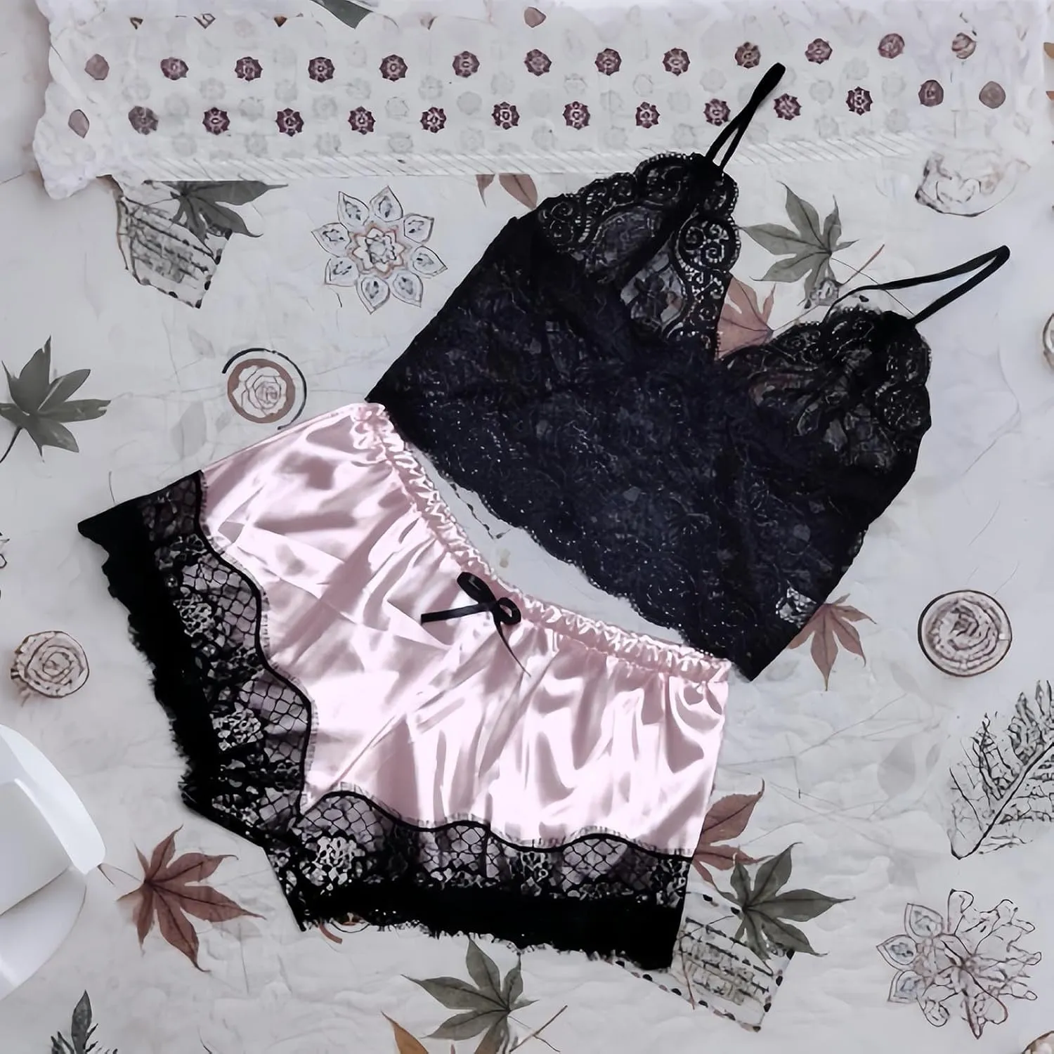 Women's See Through Lingerie Set Spaghetti Strap Lace Trim Bralette and Shorts Sleepwear Pajama Lounge Pjs Sets