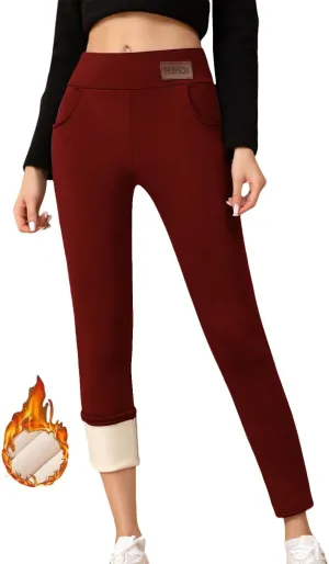 Womens Sherpa Fleece Lined Pants Winter Warm Thick Leggings Stretchy High Waisted Tights Warm Thermal Pants