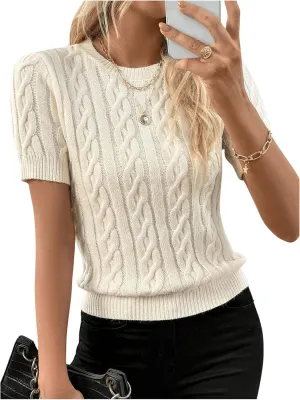 Women's Short Sleeve Cable Knit Sweater Crewneck Slim Fit Knit Pullover Tops Knitwear