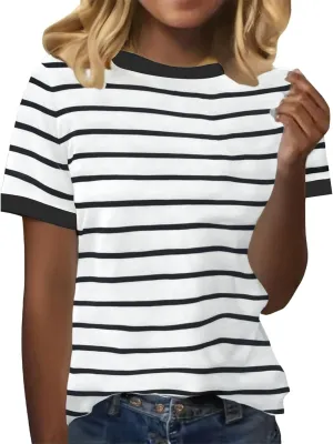 Womens Short Sleeve Summer T Shirt Crew Neck Basic Color Block Tee Tops 2025 Causal Loose Fit Shirts