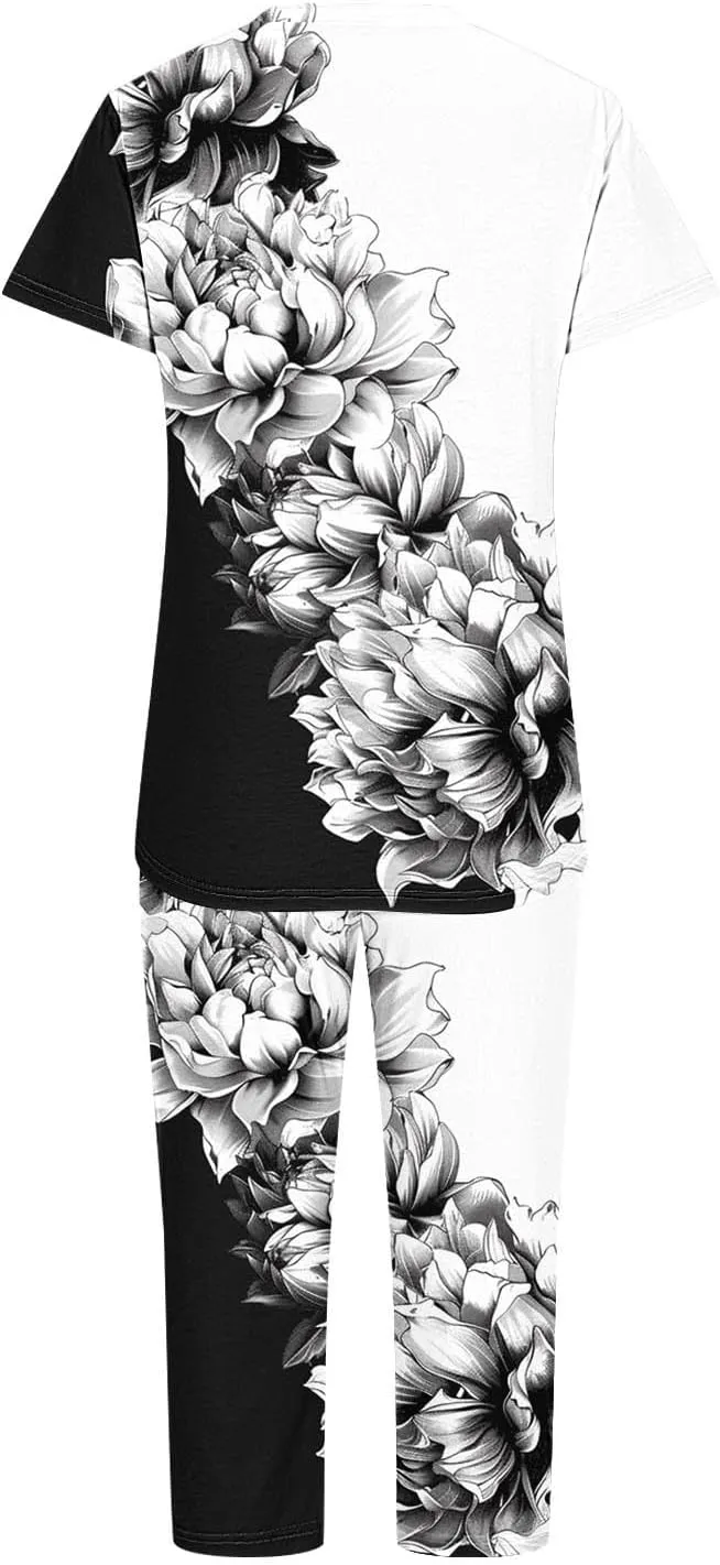 Women's Sleepwear Capri Pajama Sets Short Sleeve Floral Print Tops with Capri Pants V Neck Pjs Sets Loungewear Sets