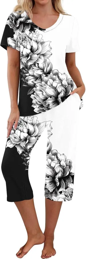 Women's Sleepwear Capri Pajama Sets Short Sleeve Floral Print Tops with Capri Pants V Neck Pjs Sets Loungewear Sets