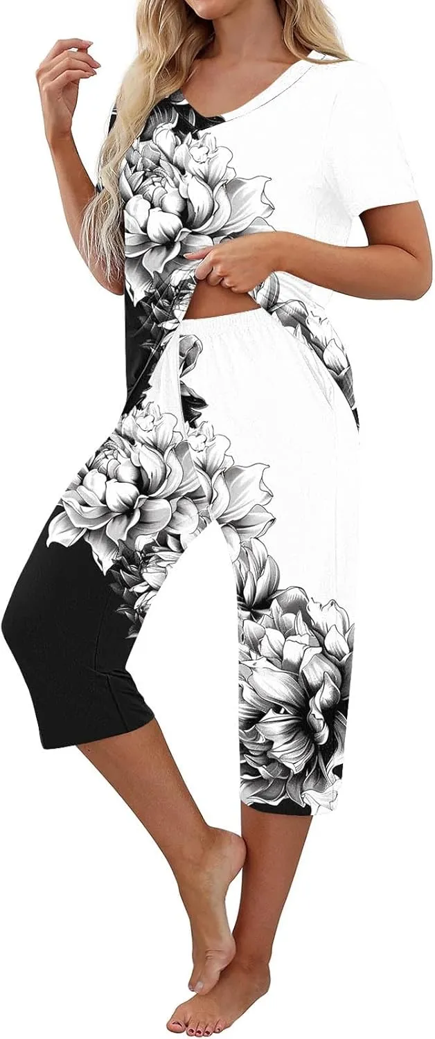Women's Sleepwear Capri Pajama Sets Short Sleeve Floral Print Tops with Capri Pants V Neck Pjs Sets Loungewear Sets