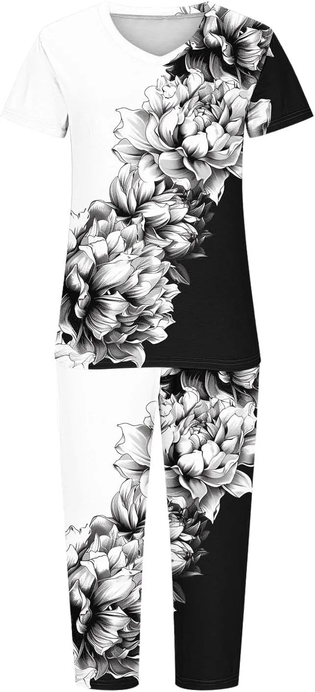 Women's Sleepwear Capri Pajama Sets Short Sleeve Floral Print Tops with Capri Pants V Neck Pjs Sets Loungewear Sets