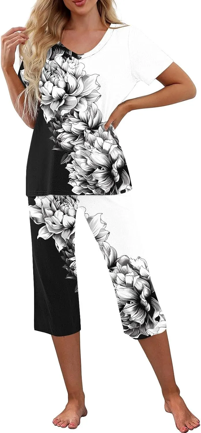 Women's Sleepwear Capri Pajama Sets Short Sleeve Floral Print Tops with Capri Pants V Neck Pjs Sets Loungewear Sets