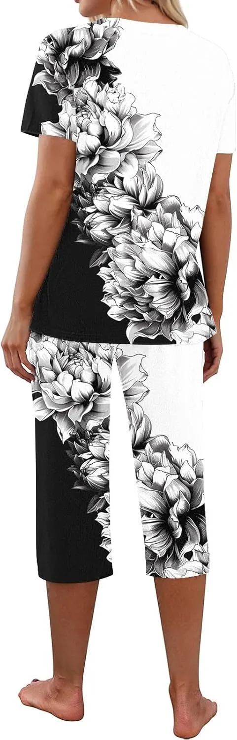 Women's Sleepwear Capri Pajama Sets Short Sleeve Floral Print Tops with Capri Pants V Neck Pjs Sets Loungewear Sets