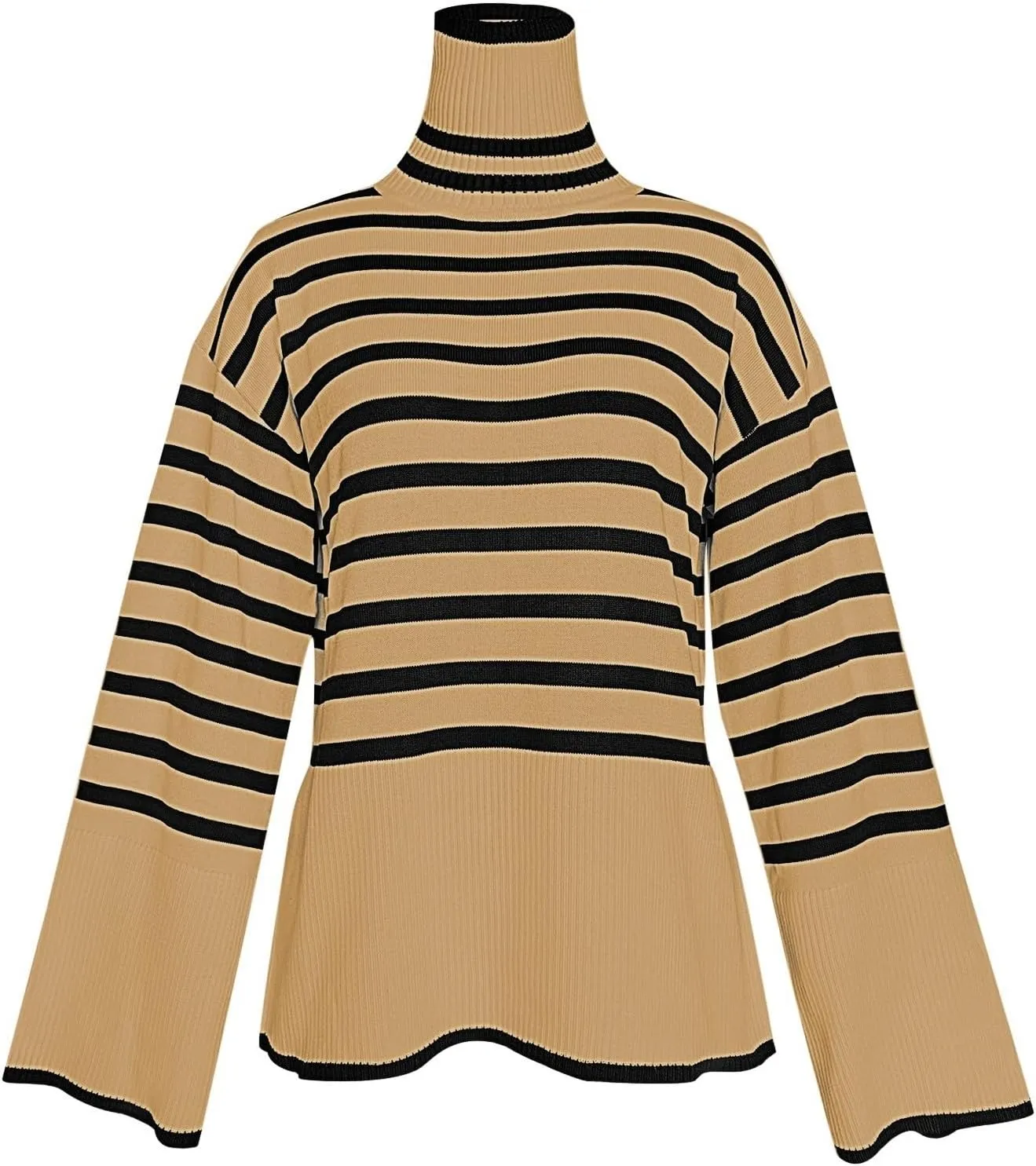 Womens Stripe Knit Sweater Oversized Turtleneck Sweater Casual Ribbed Knit 2024 Winter Clothes Long Sleeve