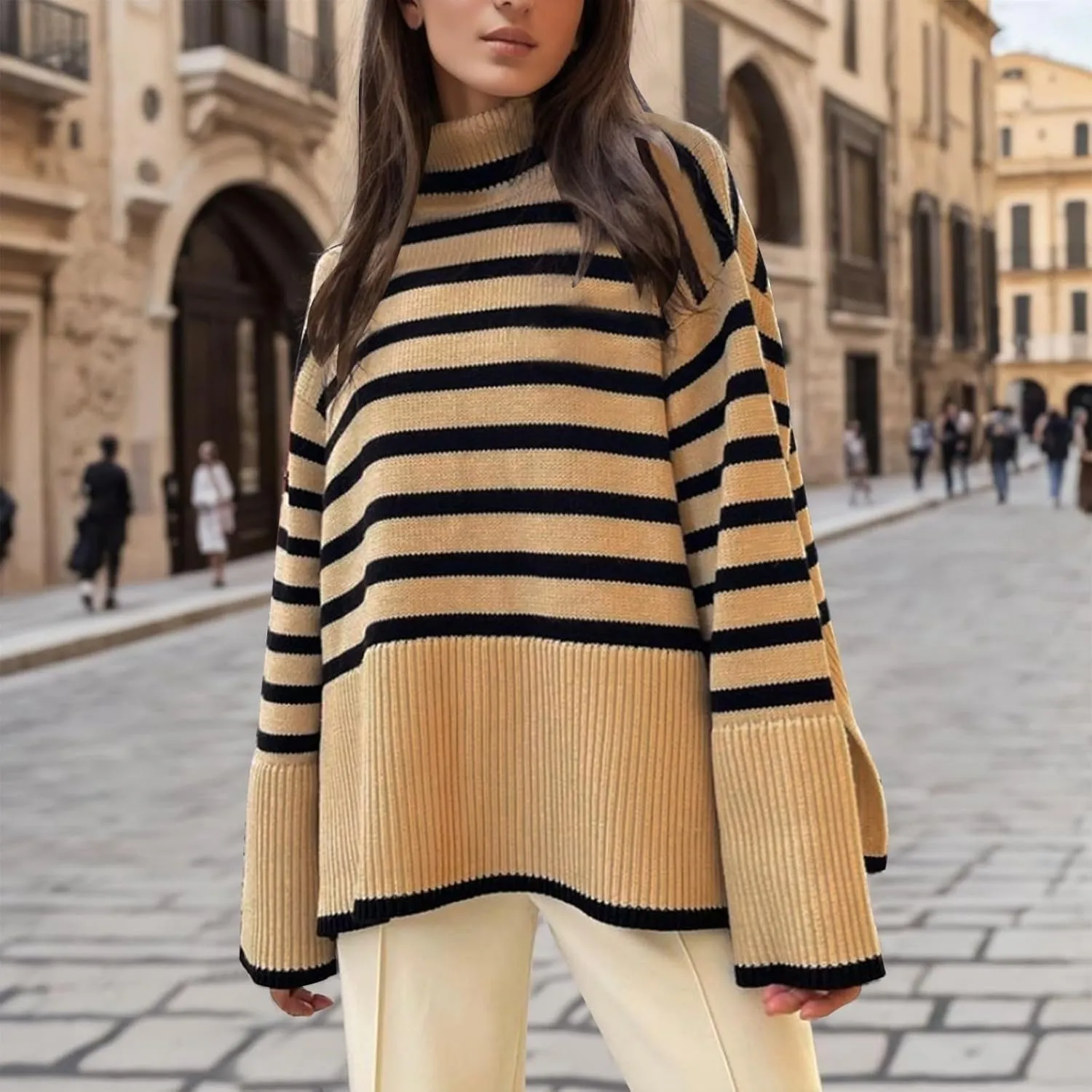Womens Stripe Knit Sweater Oversized Turtleneck Sweater Casual Ribbed Knit 2024 Winter Clothes Long Sleeve