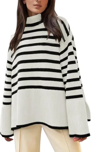 Womens Stripe Knit Sweater Oversized Turtleneck Sweater Casual Ribbed Knit 2024 Winter Clothes Long Sleeve
