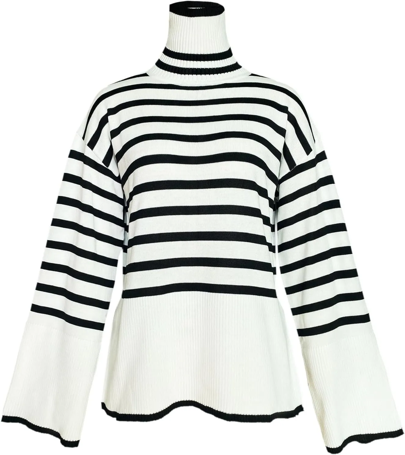 Womens Stripe Knit Sweater Oversized Turtleneck Sweater Casual Ribbed Knit 2024 Winter Clothes Long Sleeve