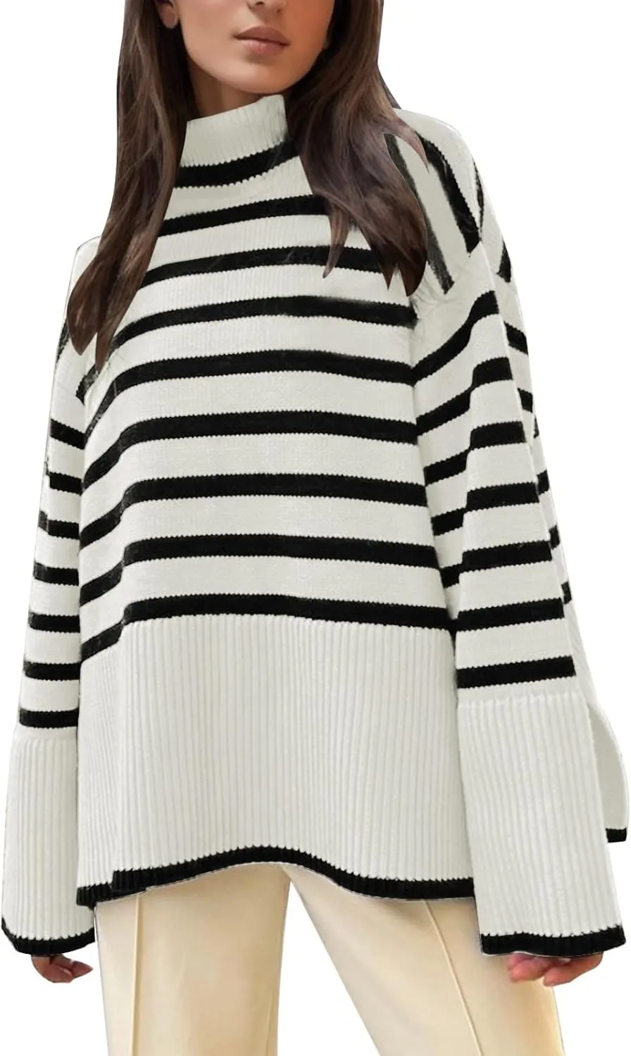 Womens Stripe Knit Sweater Oversized Turtleneck Sweater Casual Ribbed Knit 2024 Winter Clothes Long Sleeve