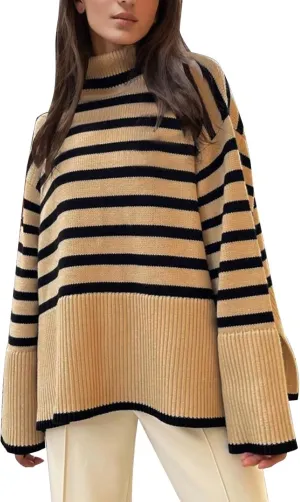 Womens Stripe Knit Sweater Oversized Turtleneck Sweater Casual Ribbed Knit 2024 Winter Clothes Long Sleeve