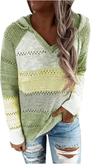 Womens Striped Sweaters Color Block Hoodies Sweatshirts Lightweight Crochet Sweater Fall Hollow Pullover Tops