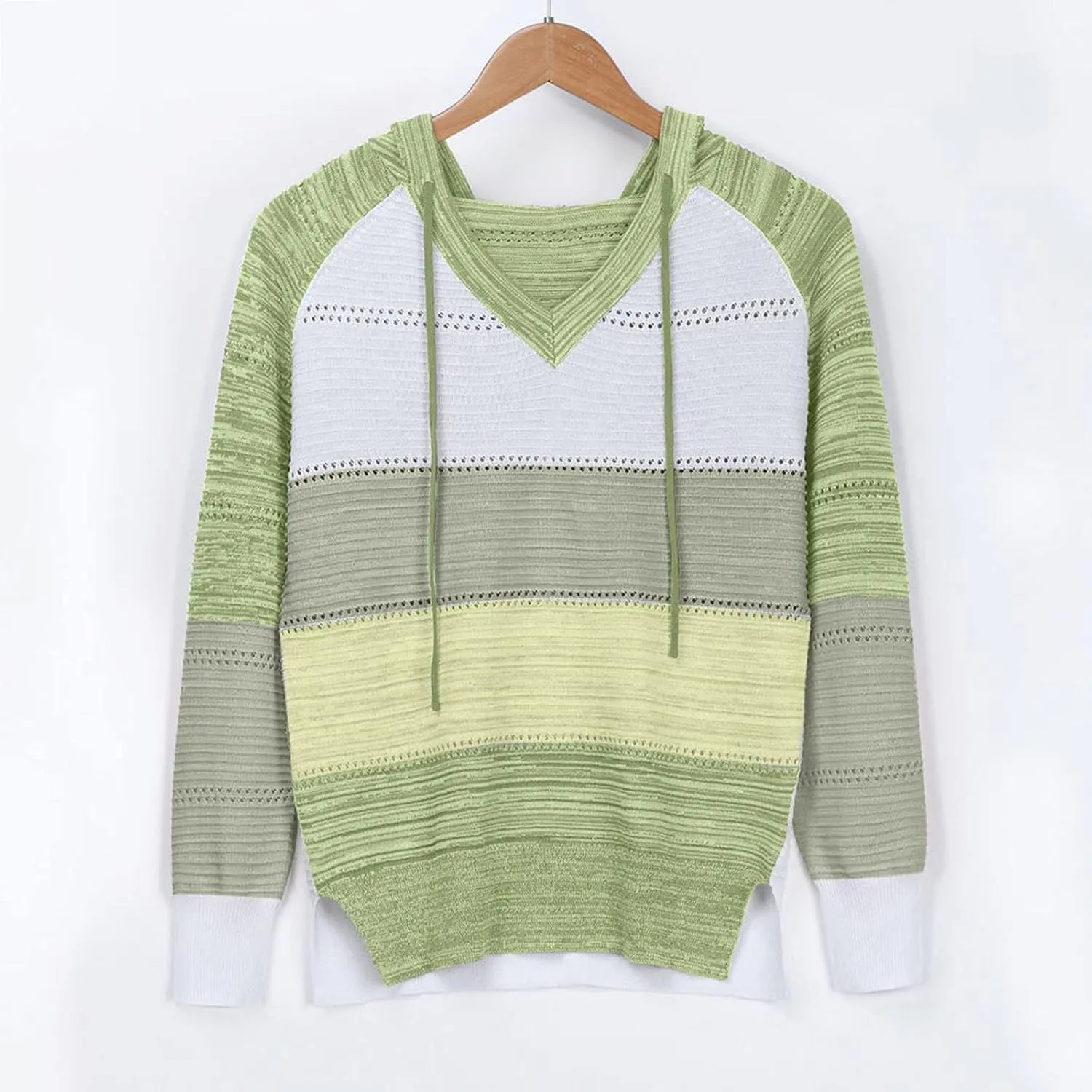 Womens Striped Sweaters Color Block Hoodies Sweatshirts Lightweight Crochet Sweater Fall Hollow Pullover Tops