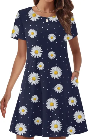 Womens Summer Dresses 2024 Casual Loose T-Shirt Short Sleeve Plus Size Flowy Sundresses with Pockets Navy Blue Floral