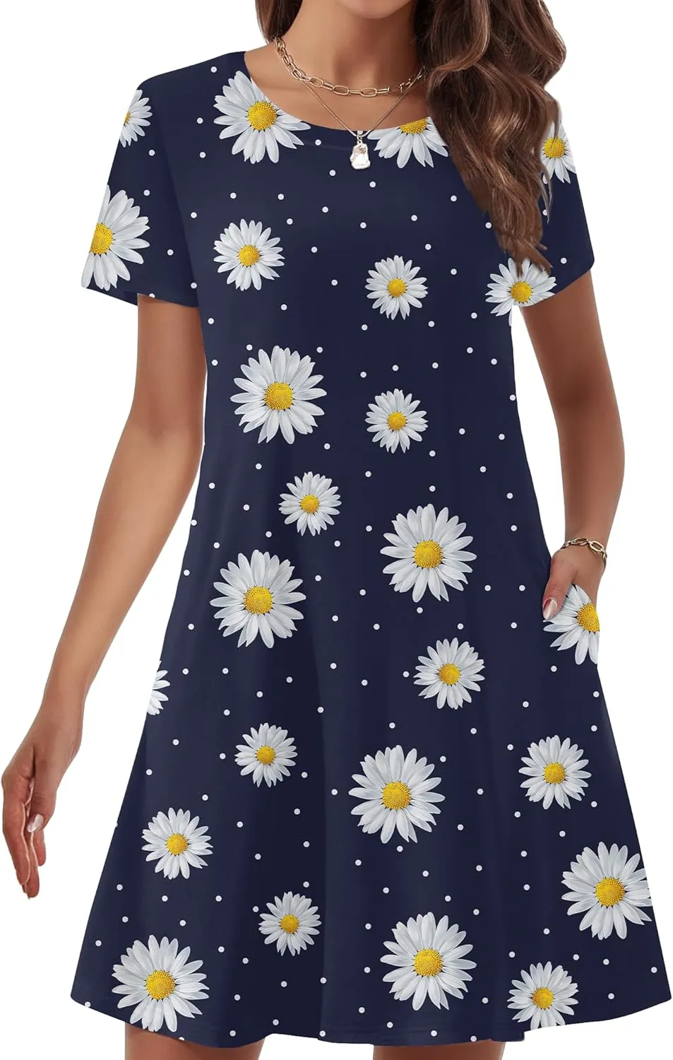 Womens Summer Dresses 2024 Casual Loose T-Shirt Short Sleeve Plus Size Flowy Sundresses with Pockets Navy Blue Floral