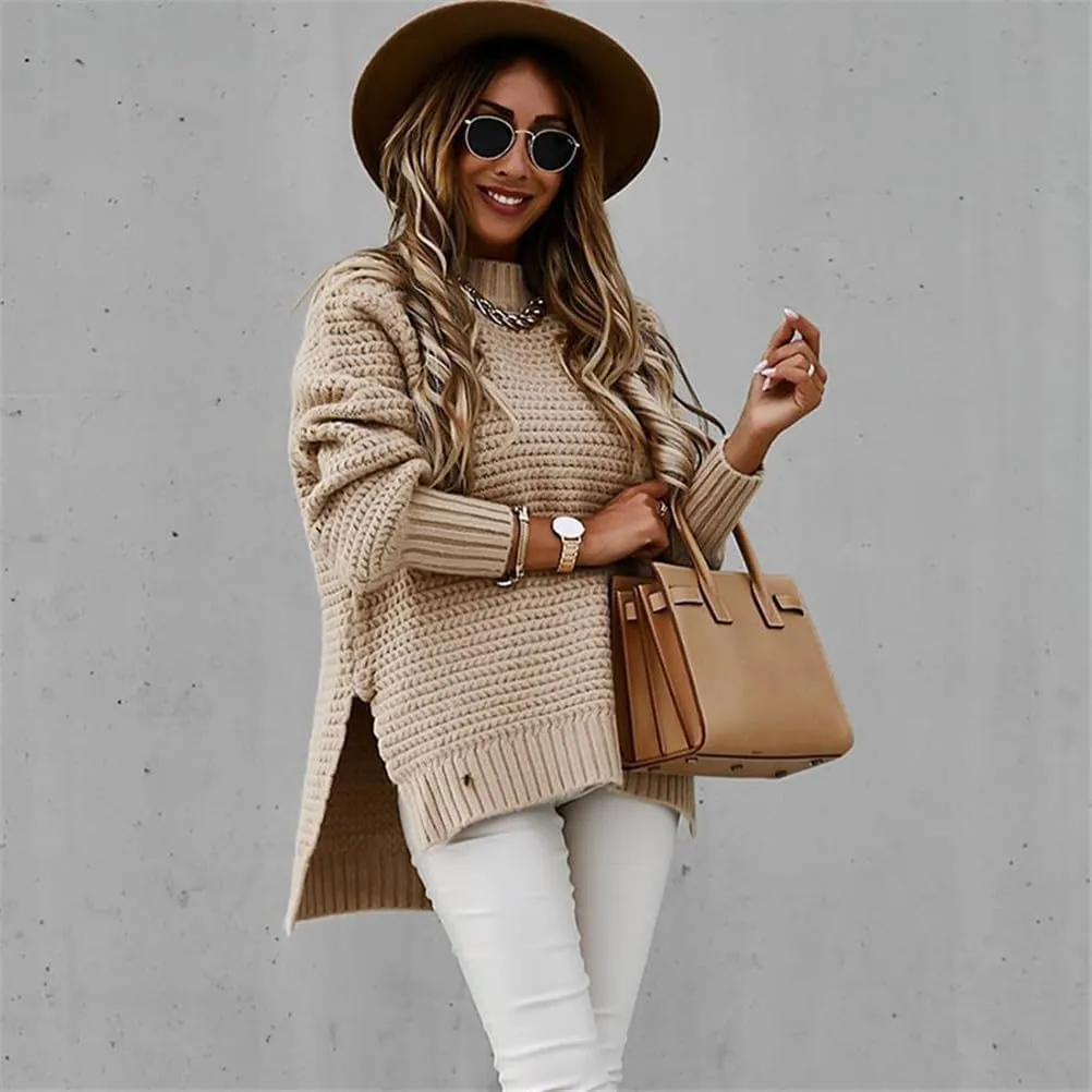 Womens Turtleneck Oversized Sweaters,Crewneck Ribbed Knit Side Slit Long Sleeve Pullover Knit Sweater Tops
