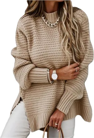 Womens Turtleneck Oversized Sweaters,Crewneck Ribbed Knit Side Slit Long Sleeve Pullover Knit Sweater Tops