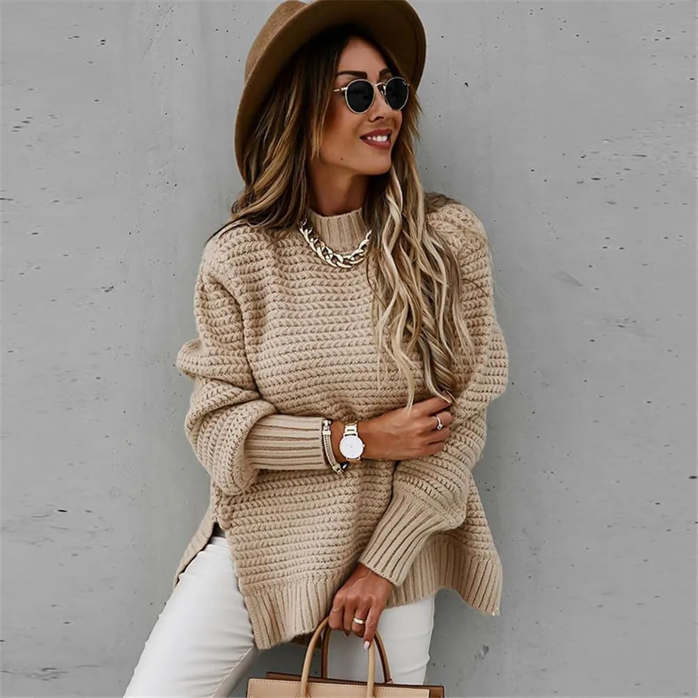 Womens Turtleneck Oversized Sweaters,Crewneck Ribbed Knit Side Slit Long Sleeve Pullover Knit Sweater Tops