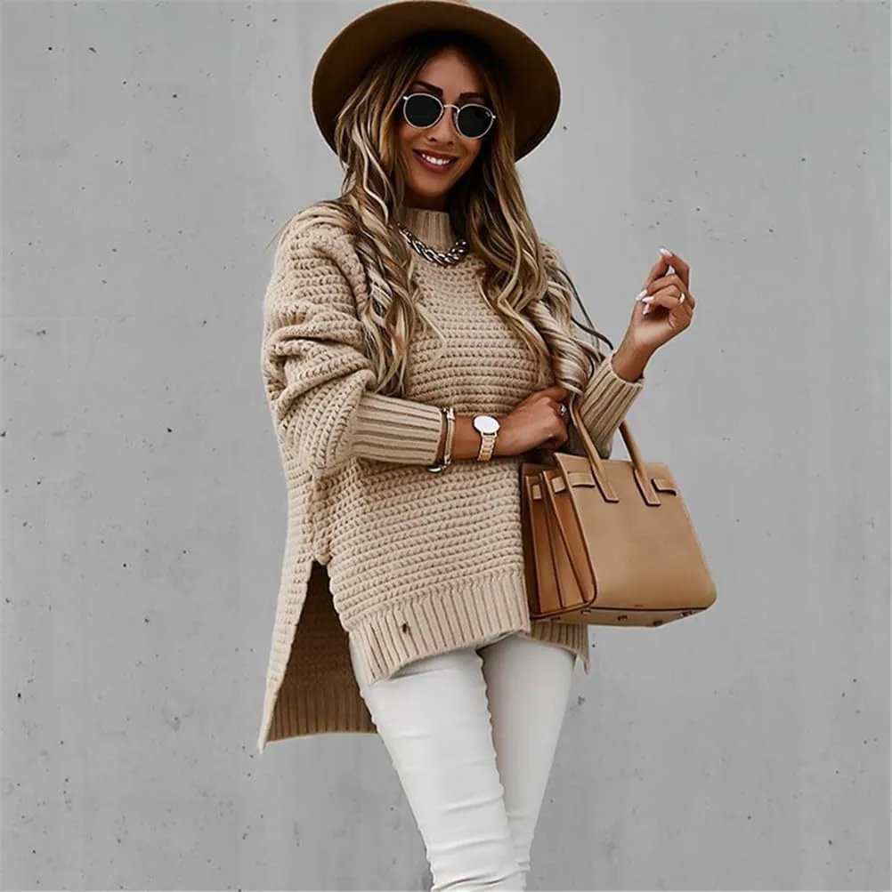 Womens Turtleneck Oversized Sweaters,Crewneck Ribbed Knit Side Slit Long Sleeve Pullover Knit Sweater Tops