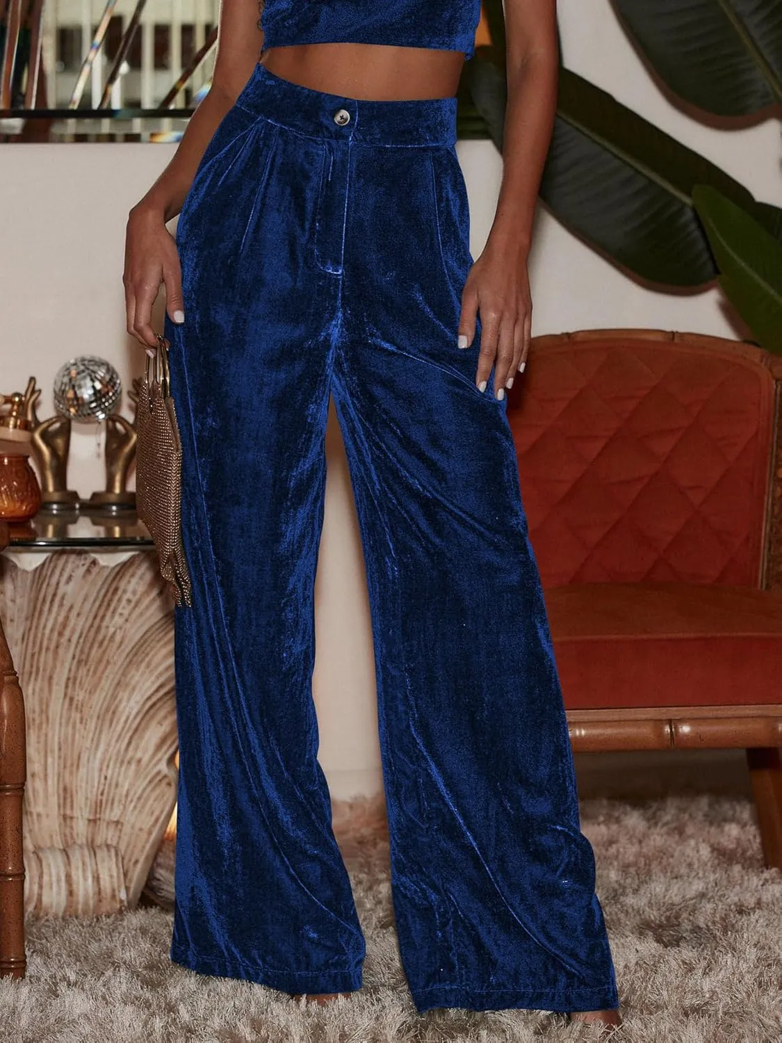 Women's Velvet Pants High Waisted Straight Wide Leg Velour Palazzo Pants Dressy Trousers with Pockets