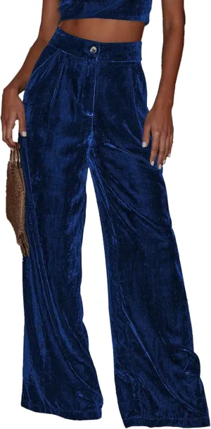 Women's Velvet Pants High Waisted Straight Wide Leg Velour Palazzo Pants Dressy Trousers with Pockets