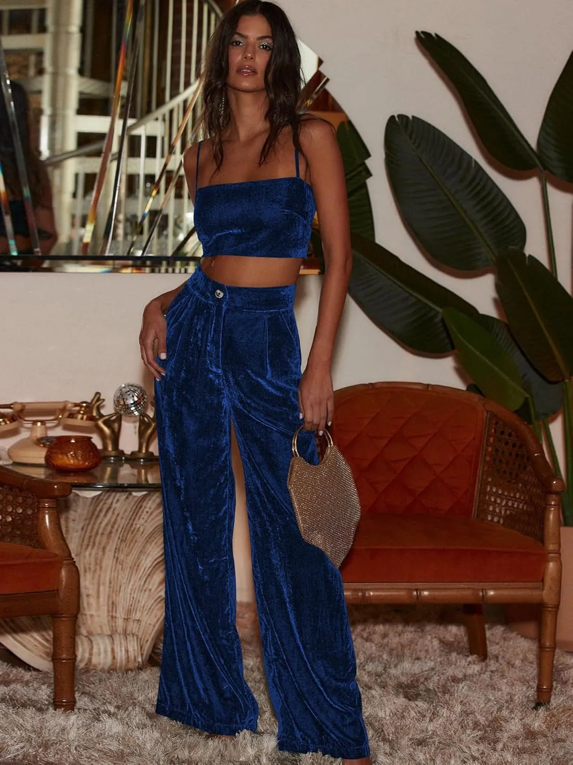 Women's Velvet Pants High Waisted Straight Wide Leg Velour Palazzo Pants Dressy Trousers with Pockets