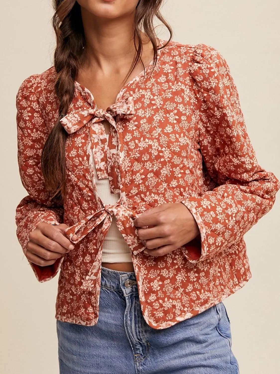 Women's Warm Quilted Jackets Floral Print Front Bow Tie Quilt Jacket Long Sleeve Padded Warm Outerwear