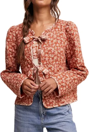 Women's Warm Quilted Jackets Floral Print Front Bow Tie Quilt Jacket Long Sleeve Padded Warm Outerwear
