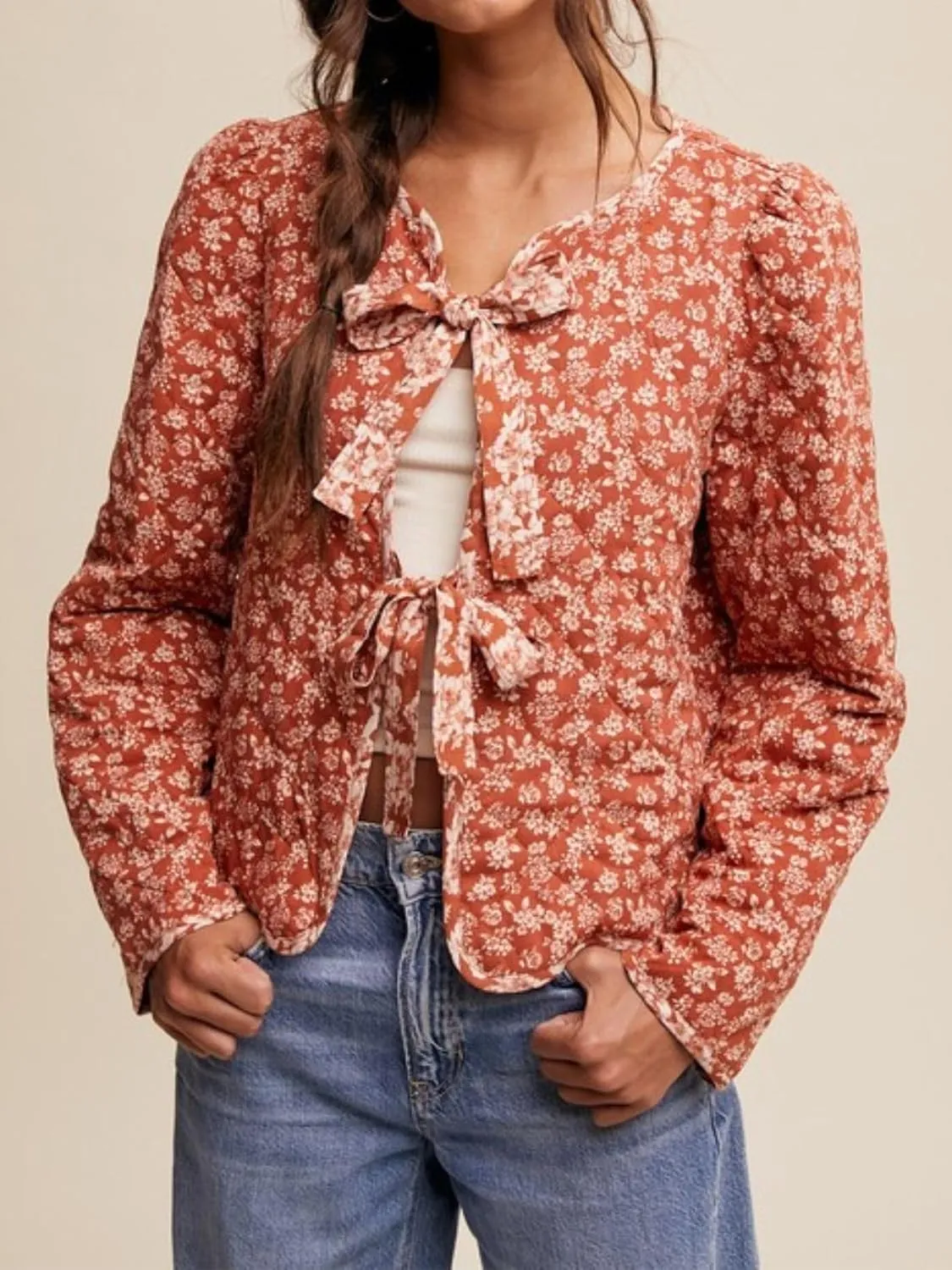 Women's Warm Quilted Jackets Floral Print Front Bow Tie Quilt Jacket Long Sleeve Padded Warm Outerwear