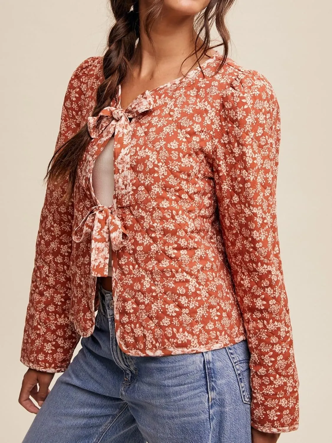 Women's Warm Quilted Jackets Floral Print Front Bow Tie Quilt Jacket Long Sleeve Padded Warm Outerwear