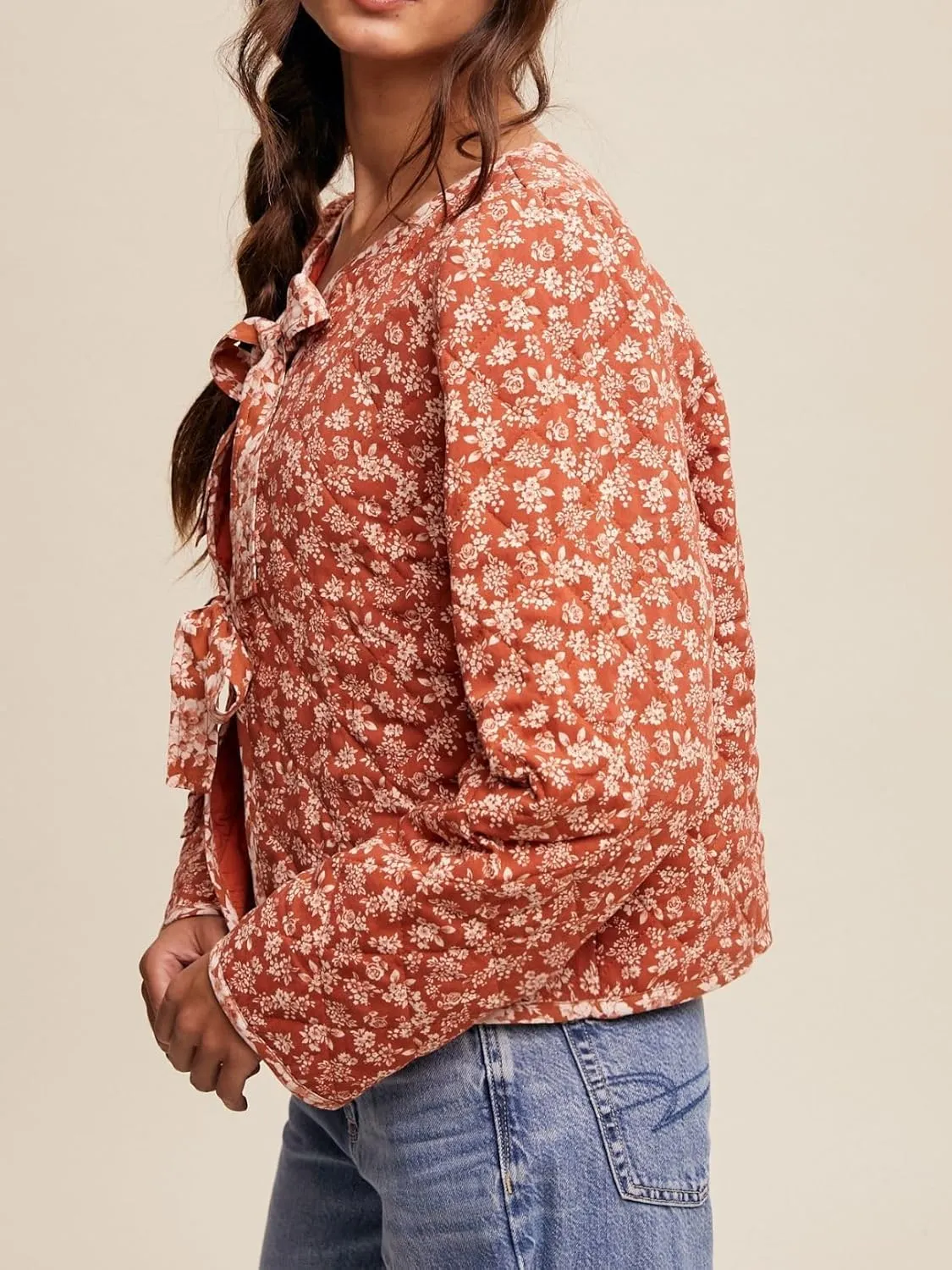 Women's Warm Quilted Jackets Floral Print Front Bow Tie Quilt Jacket Long Sleeve Padded Warm Outerwear