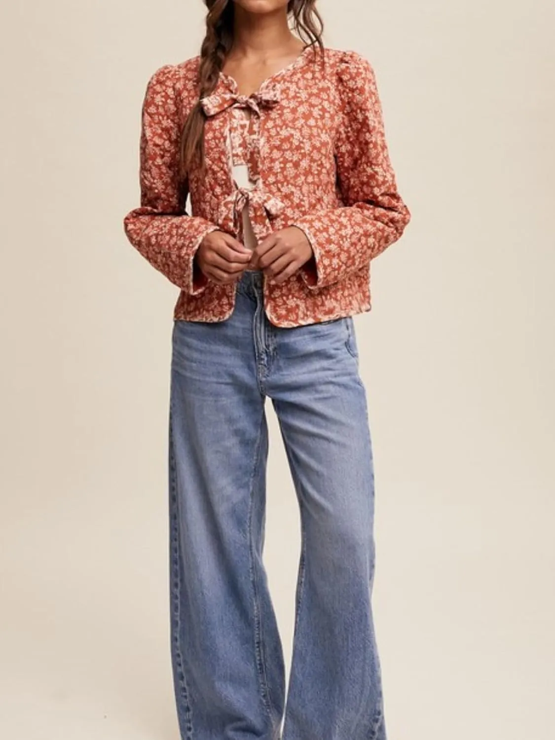 Women's Warm Quilted Jackets Floral Print Front Bow Tie Quilt Jacket Long Sleeve Padded Warm Outerwear